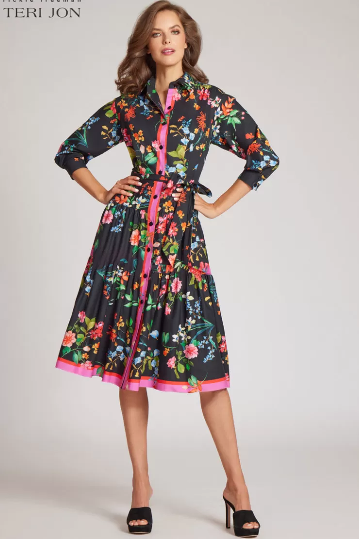 Teri Jon Floral Flounce Hem Shirt Dress