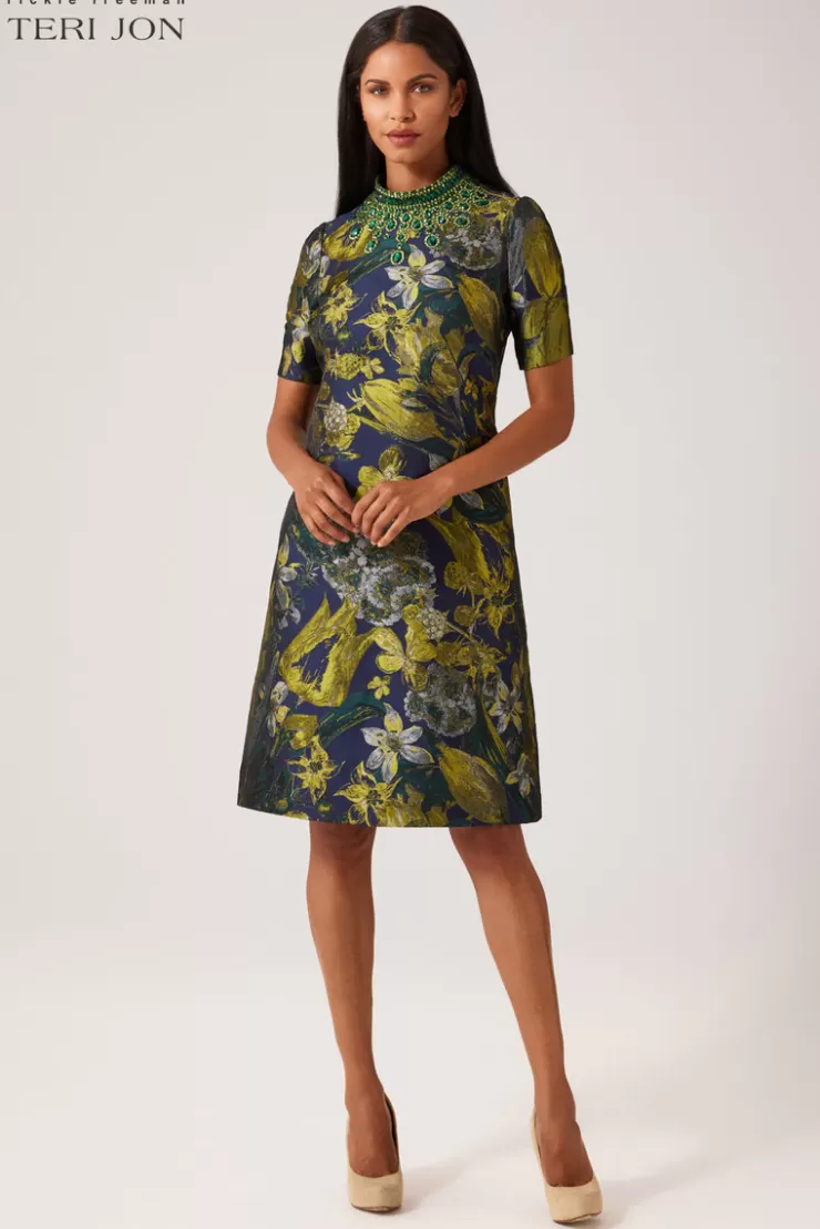 Teri Jon Floral Jacquard Bead Mock Neck A-Line Dress