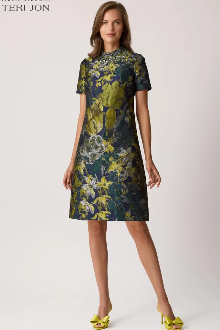 Teri Jon Floral Jacquard Bead Mock Neck A-Line Dress