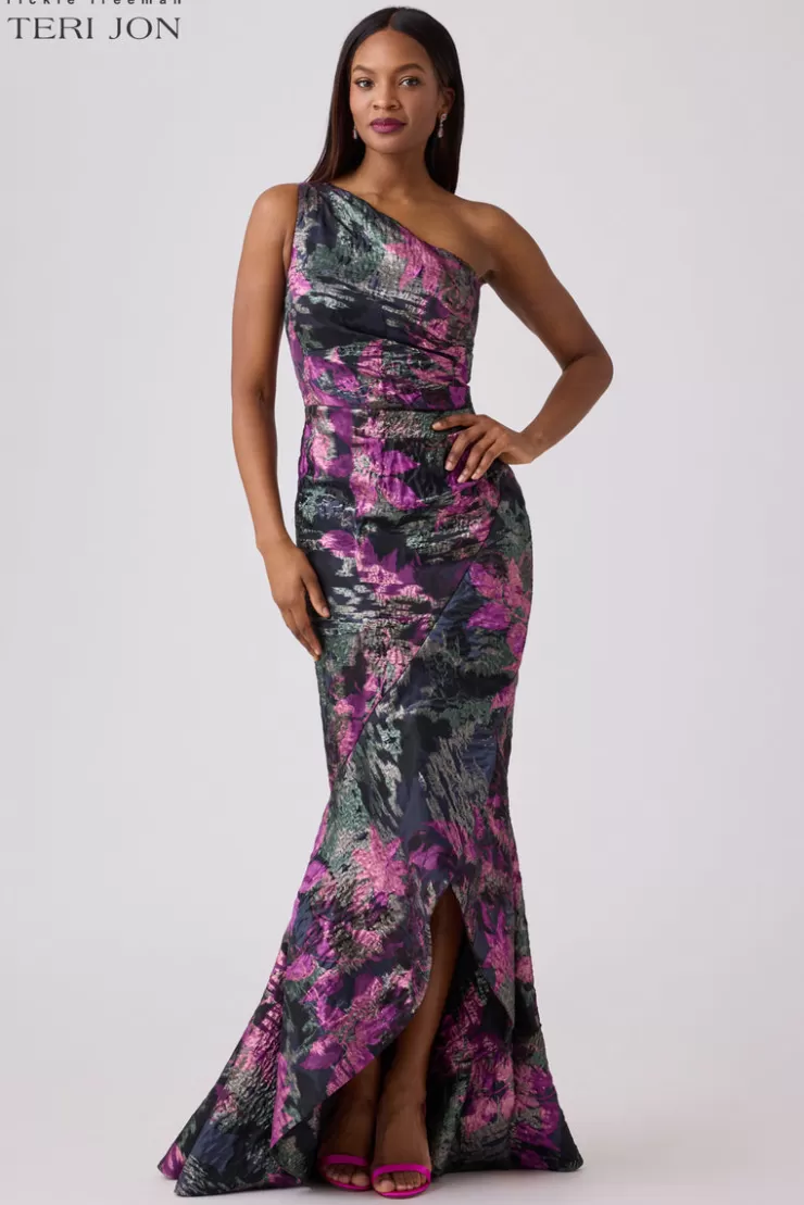 Teri Jon Floral Jacquard One Shoulder Evening Gown