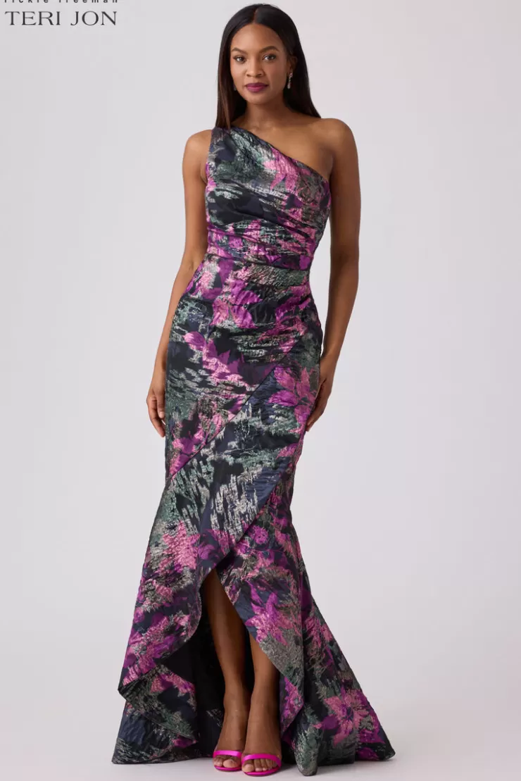 Teri Jon Floral Jacquard One Shoulder Evening Gown