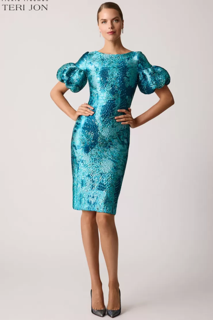 Teri Jon Floral Jacquard Puff Sleeve Dress