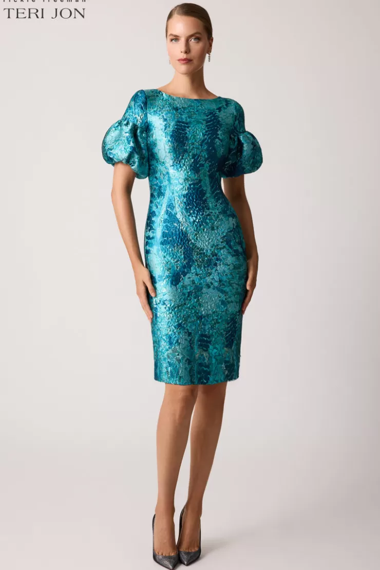 Teri Jon Floral Jacquard Puff Sleeve Dress