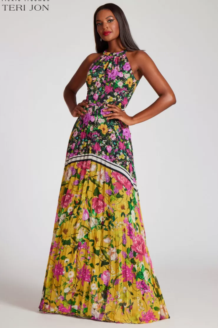 Teri Jon Floral Pleated Halter Neck Gown