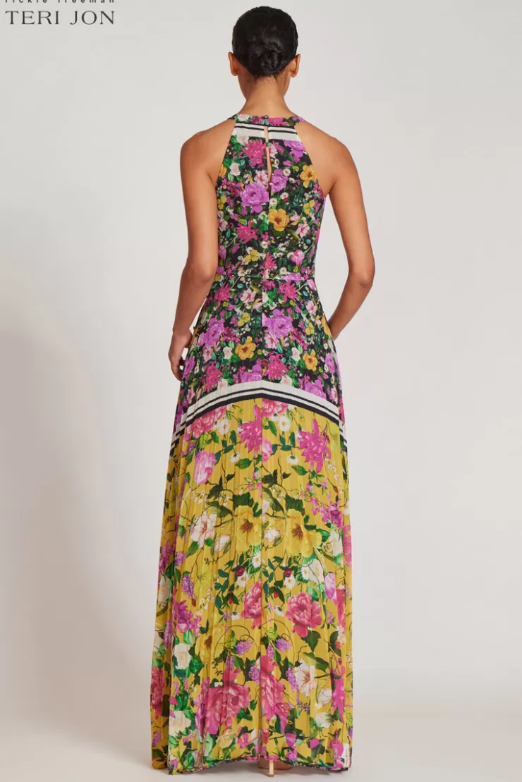 Teri Jon Floral Pleated Halter Neck Gown