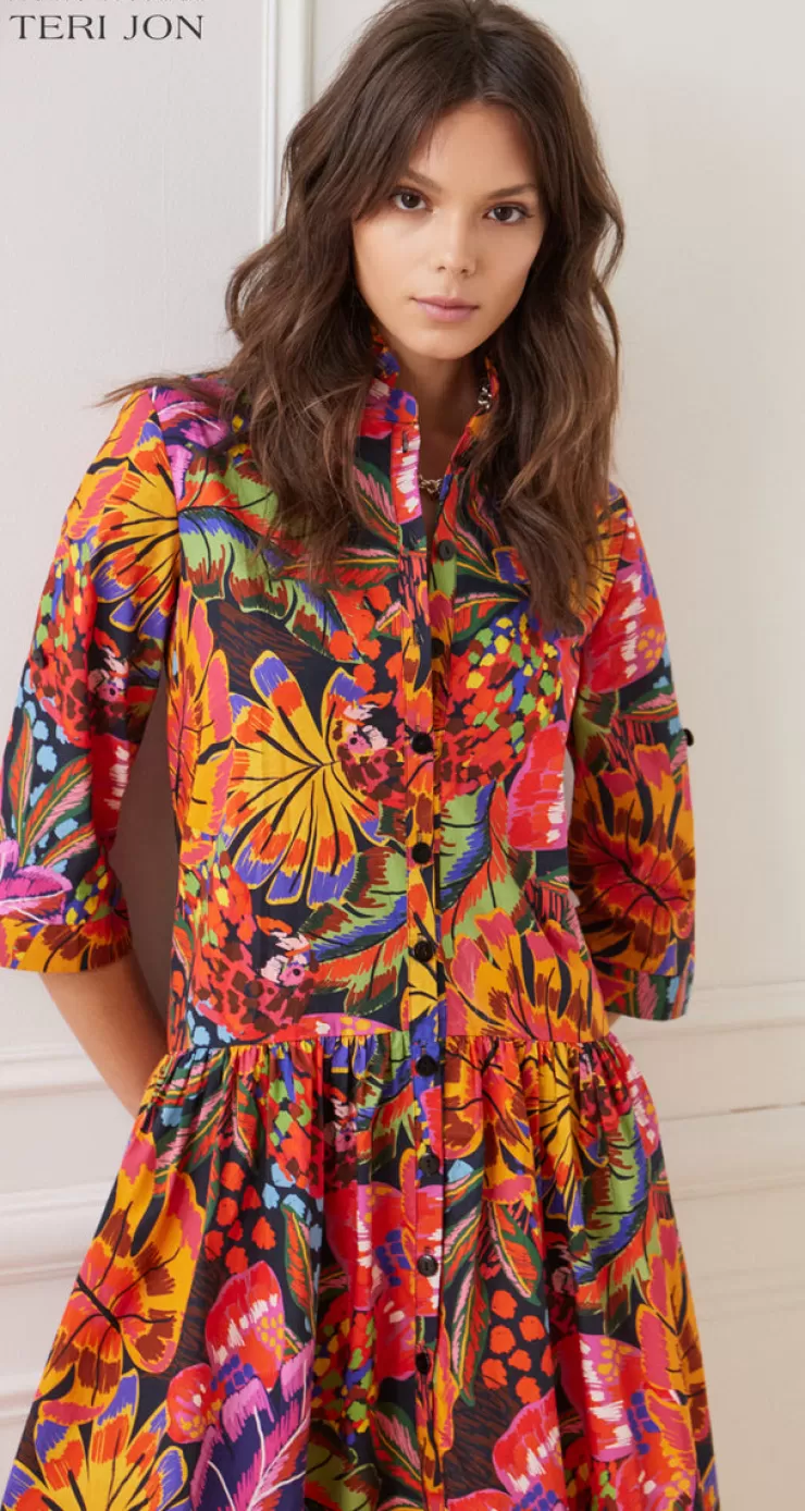 Teri Jon Floral Print Drop Pleat Dress