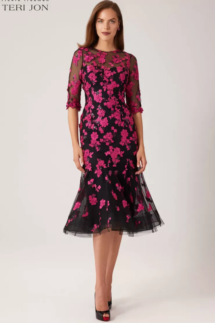 Teri Jon Flower Applique Godet Dress