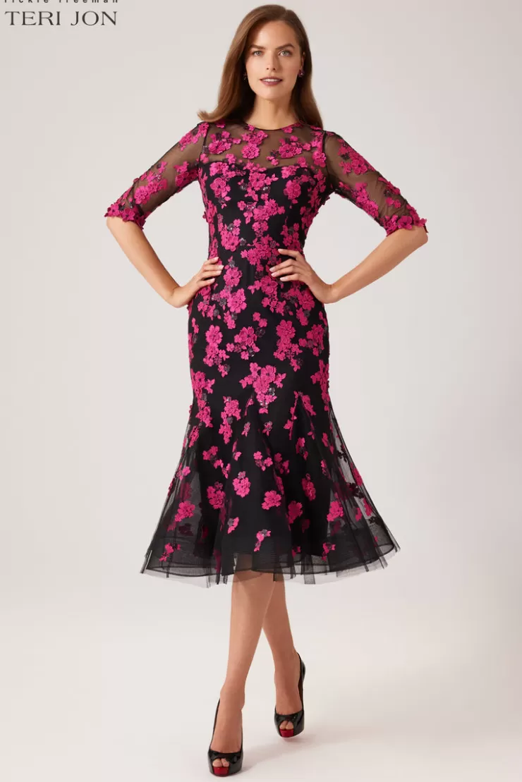 Teri Jon Flower Applique Godet Dress