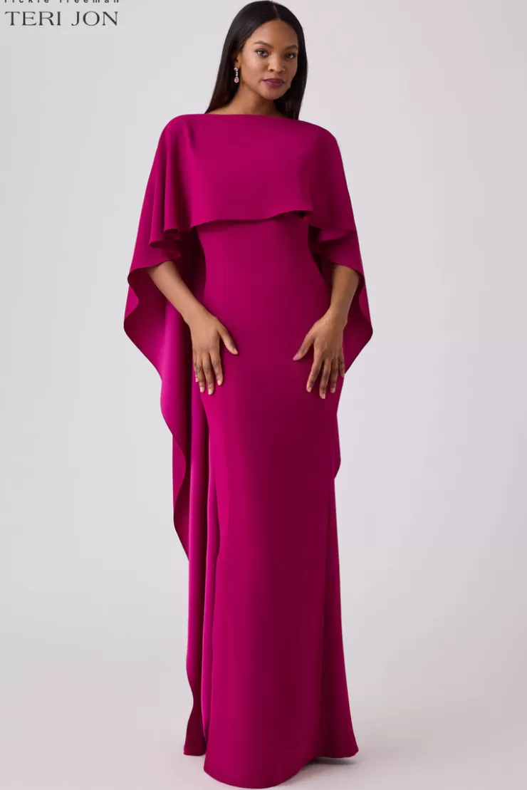 Teri Jon Formal Crepe Gown With Satin Back Capelet