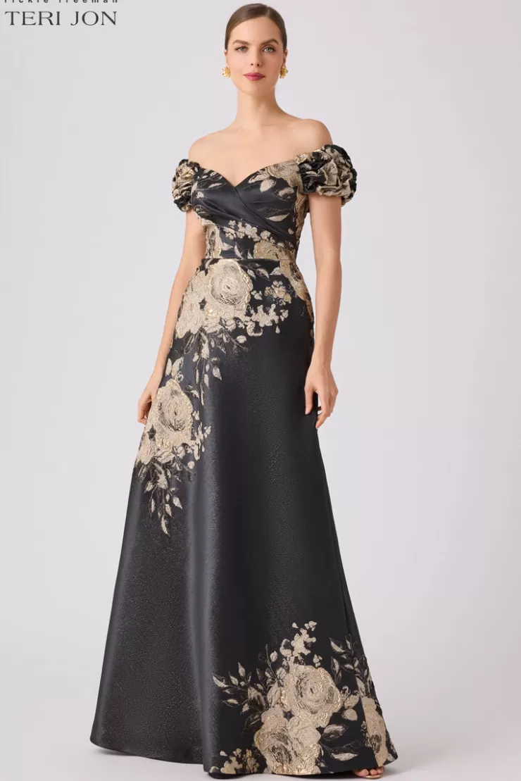 Teri Jon Formal Metallic Jacquard Floral Evening Gown