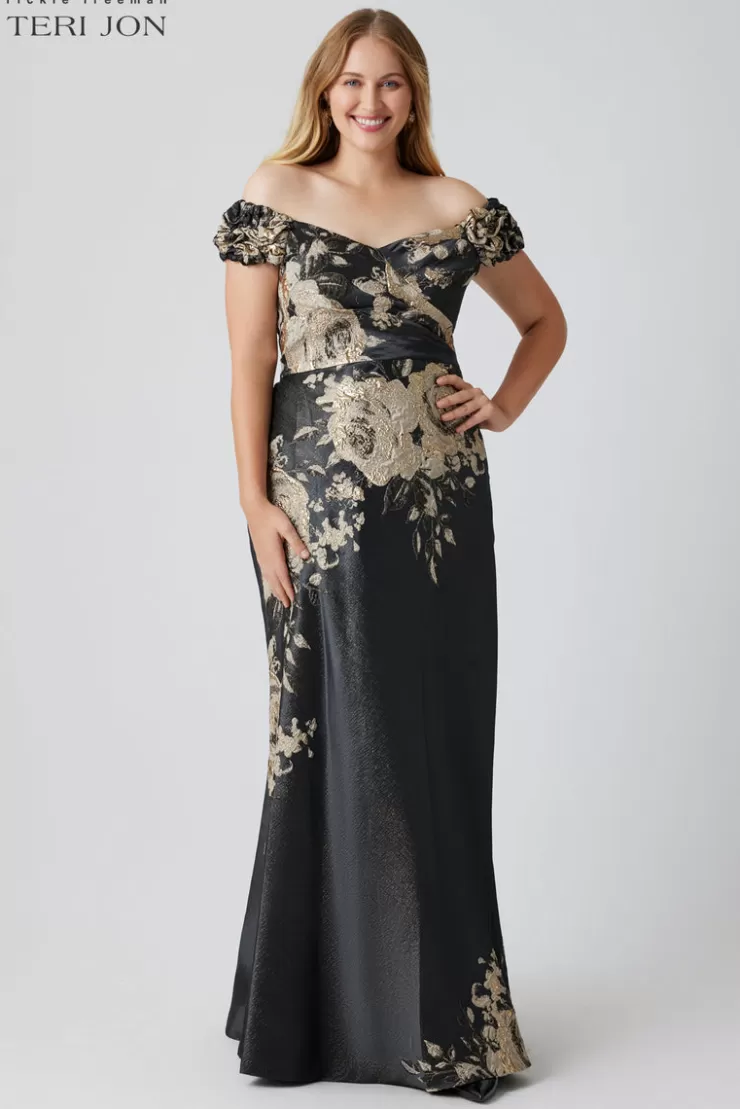 Teri Jon Formal Metallic Jacquard Floral Evening Gown