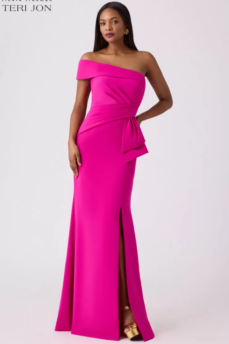 Teri Jon Hot Pink Stretch Crepe Evening Gown