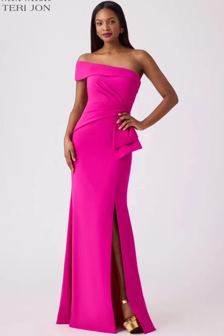 Teri Jon Hot Pink Stretch Crepe Evening Gown