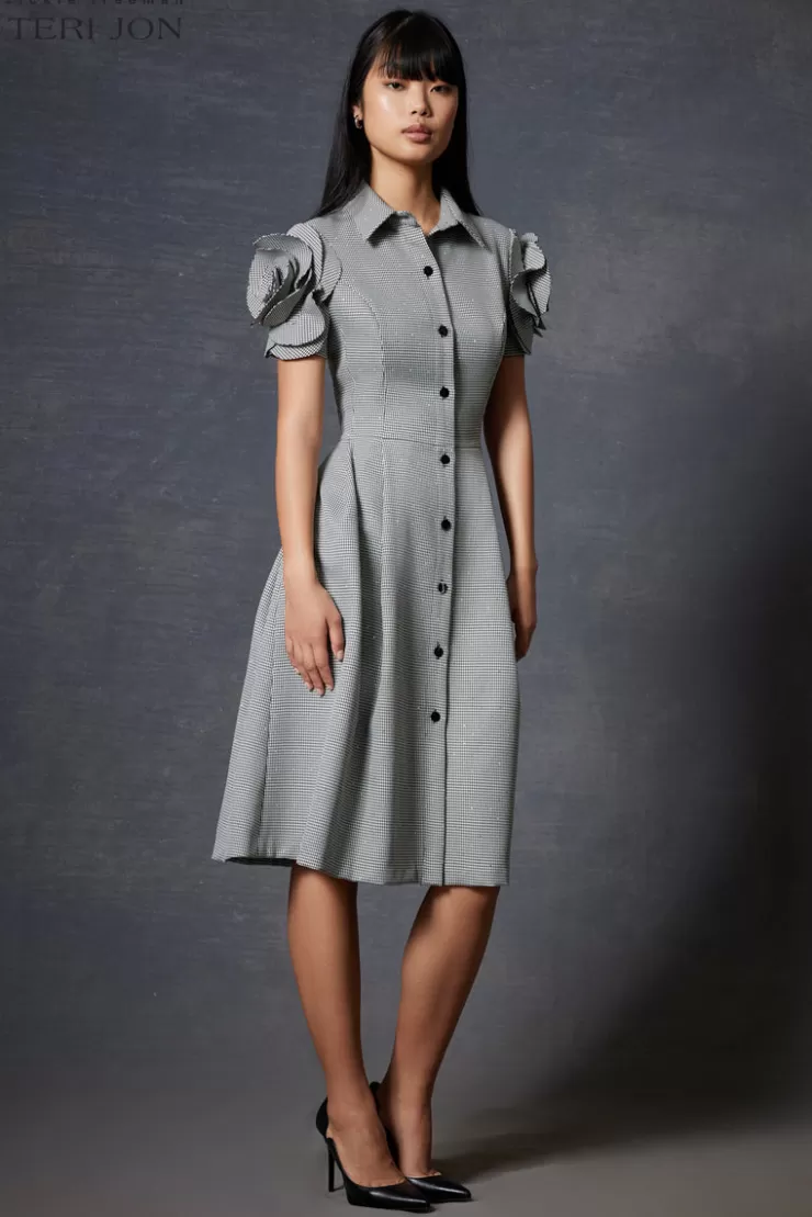 Teri Jon Houndstooth Shirt Waist Dress With Rhinestone