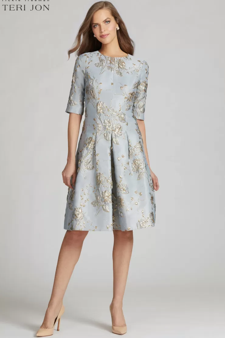 Teri Jon Jacquard 3/4 Sleeve A-Line Dress