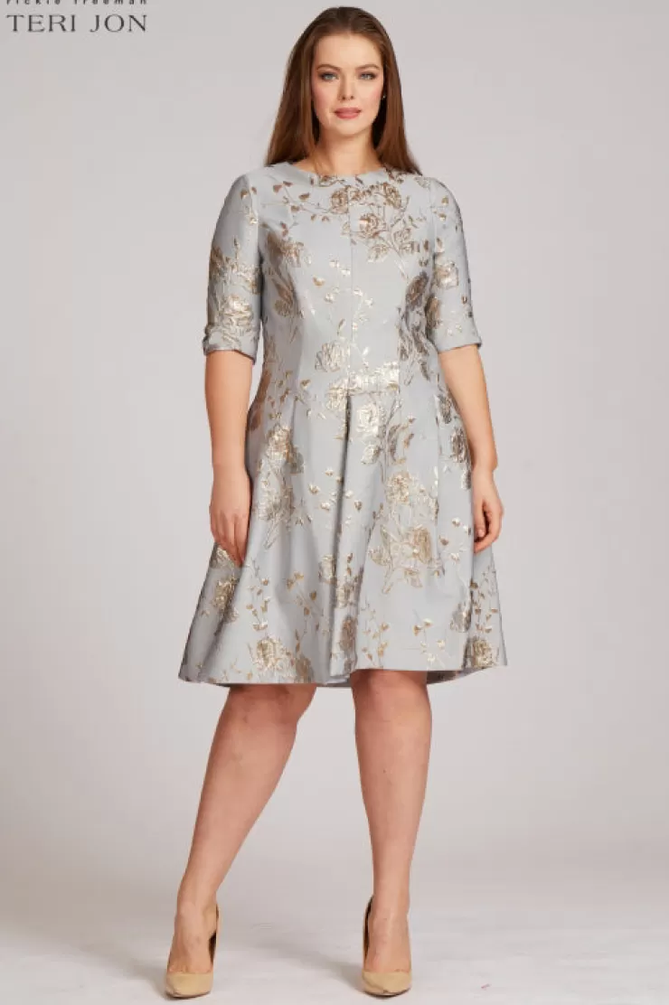 Teri Jon Jacquard 3/4 Sleeve A-Line Dress