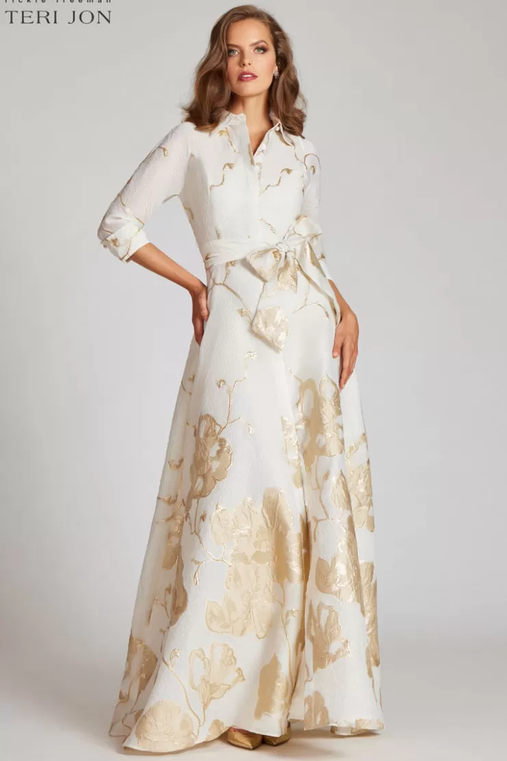 Teri Jon Jacquard Border Pattern Shirt Gown