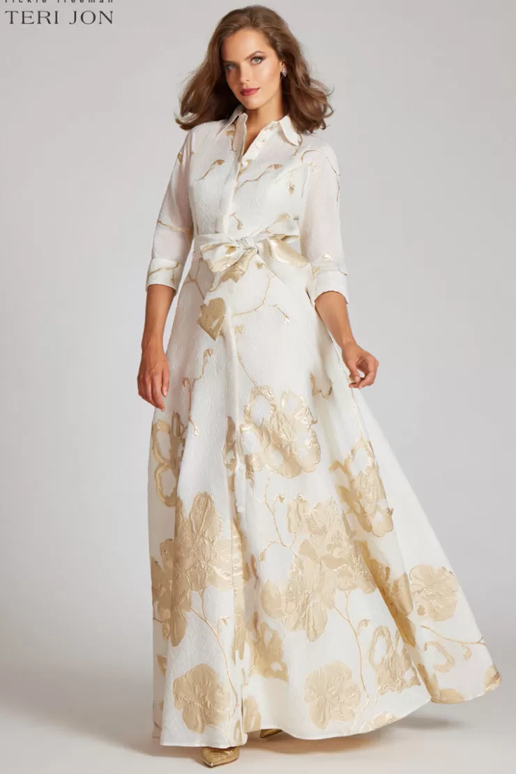 Teri Jon Jacquard Border Pattern Shirt Gown