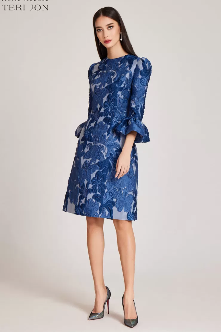 Teri Jon Jacquard Floral 3/4 Sleeve Flounce Cuff Dress