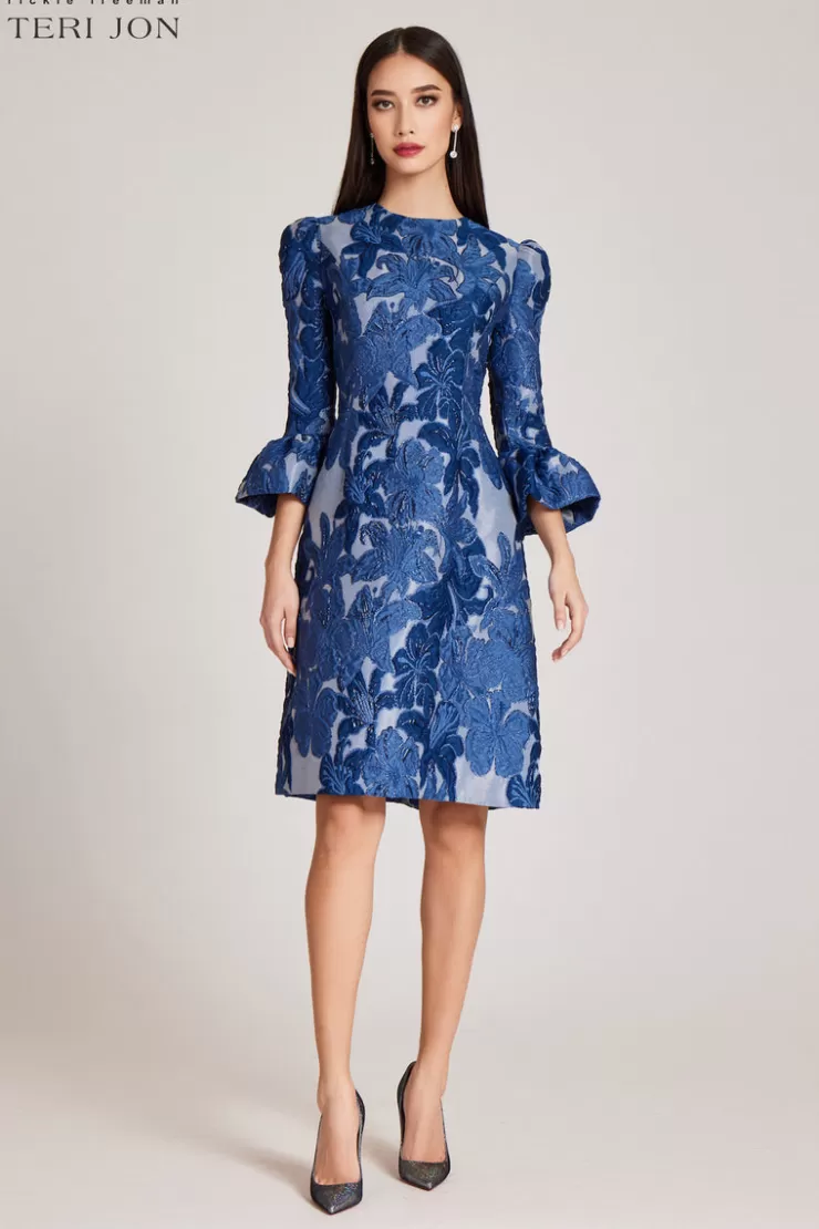 Teri Jon Jacquard Floral 3/4 Sleeve Flounce Cuff Dress