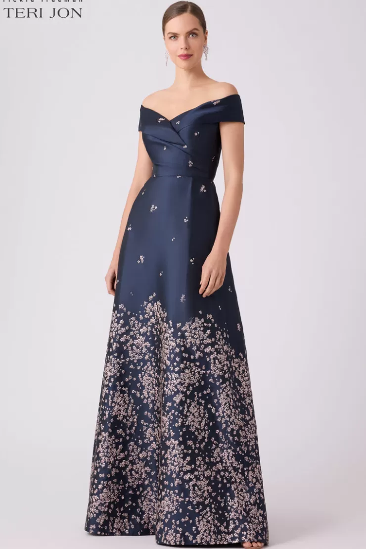 Teri Jon Jacquard Floral Border Cuff Bodice Gown