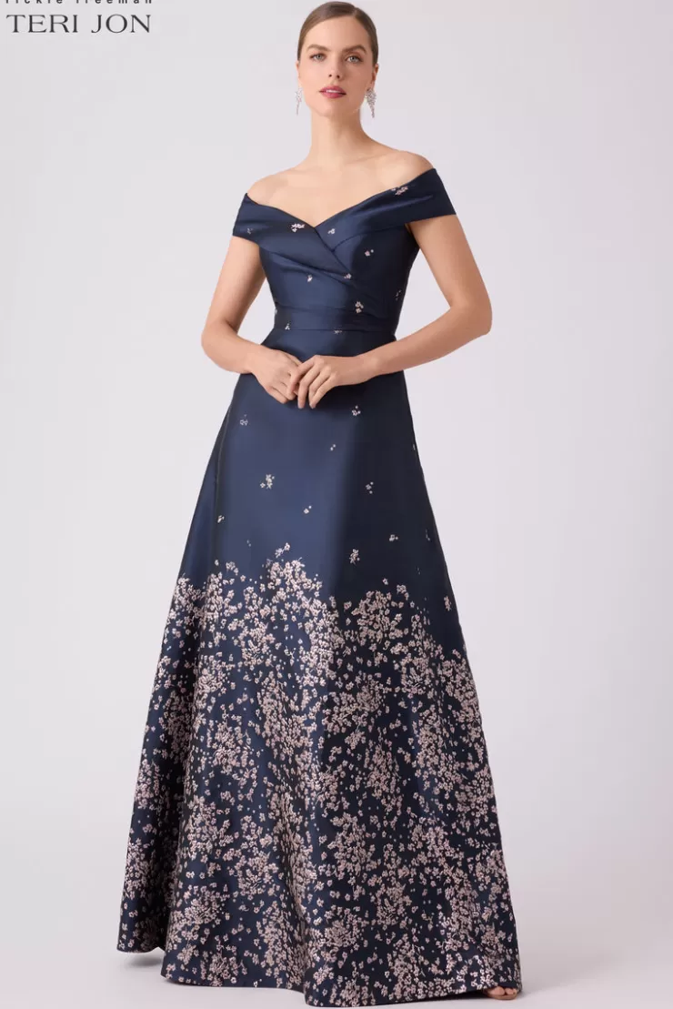 Teri Jon Jacquard Floral Border Cuff Bodice Gown