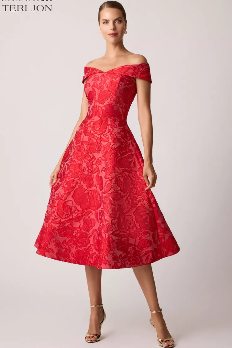 Teri Jon Jacquard Floral Off Shoulder Fit N Flare Dress