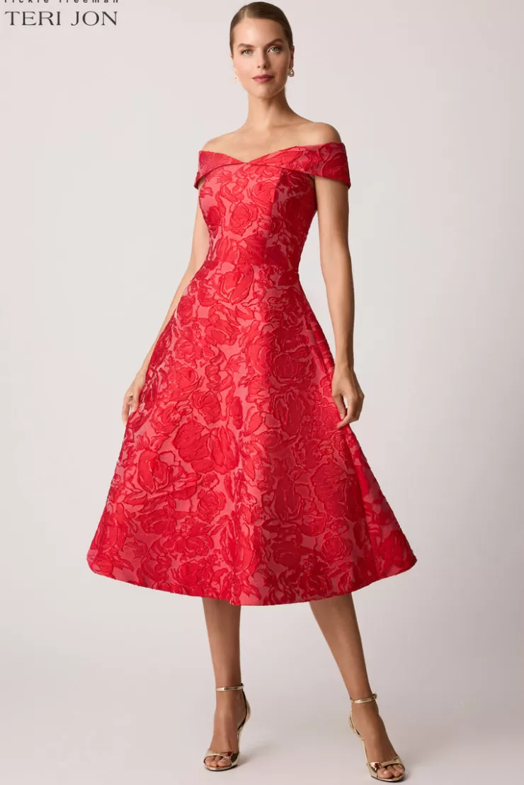 Teri Jon Jacquard Floral Off Shoulder Fit N Flare Dress