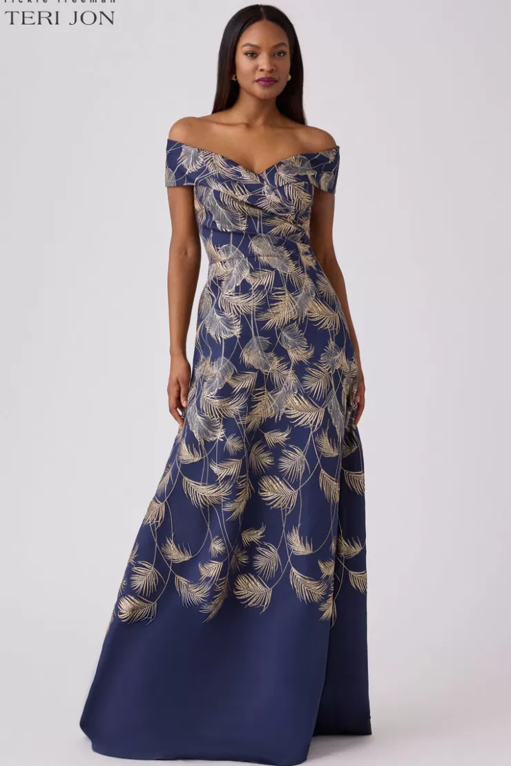 Teri Jon Jacquard Leaf Pattern Gown