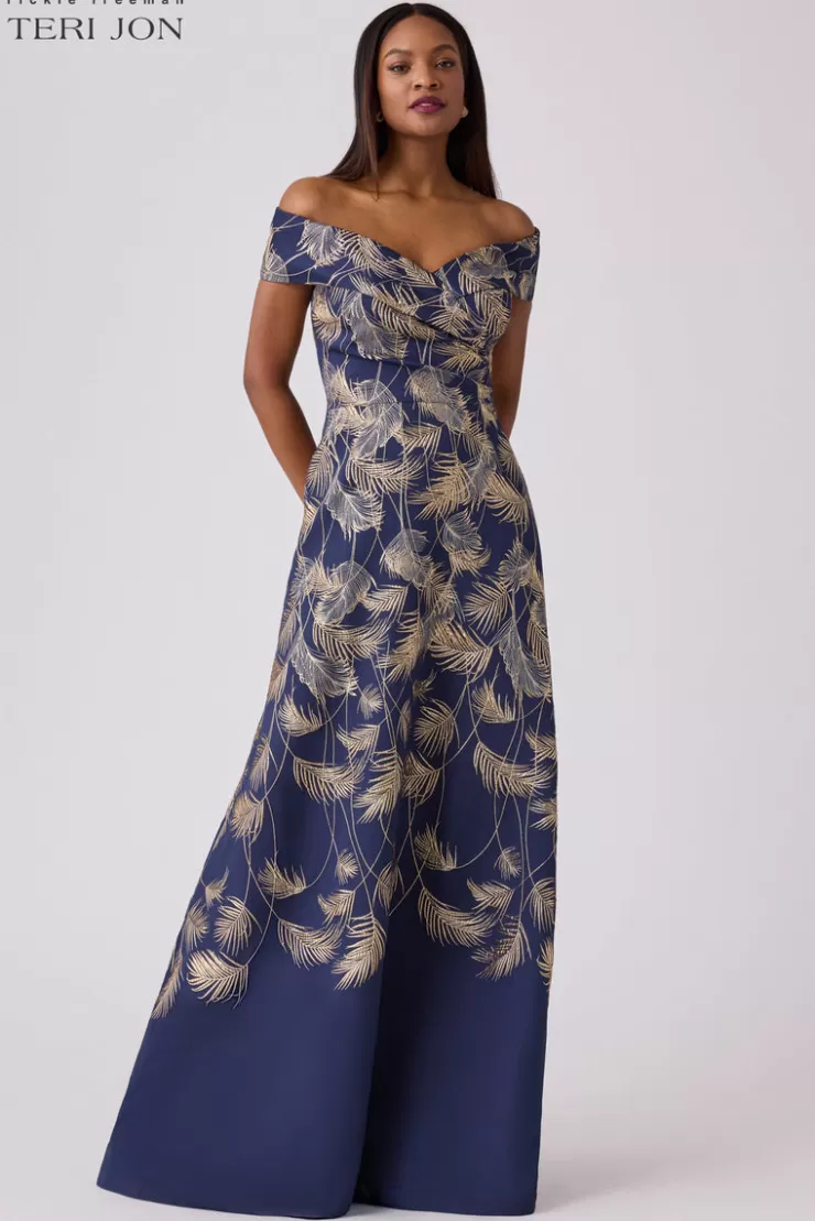 Teri Jon Jacquard Leaf Pattern Gown