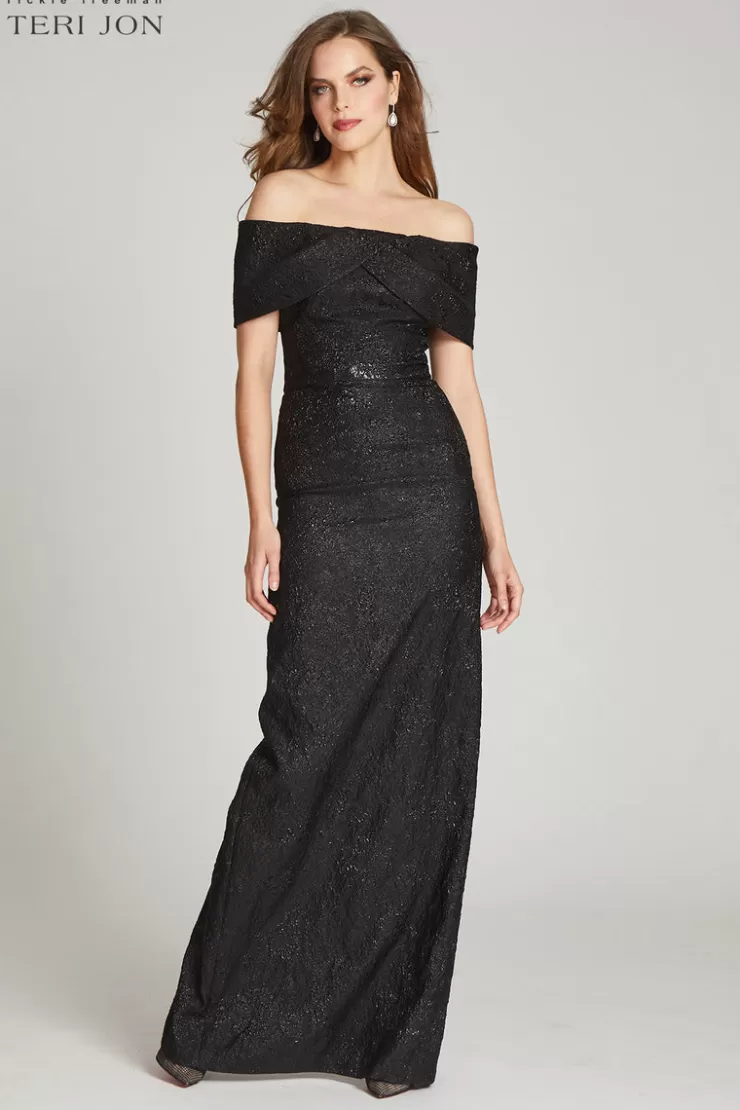 Teri Jon Jacquard Off The Shoulder Portrait Column Gown