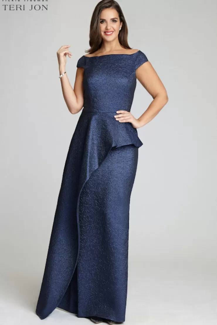 Teri Jon Jacquard Off The Shoulder Side Drape Overlay Gown