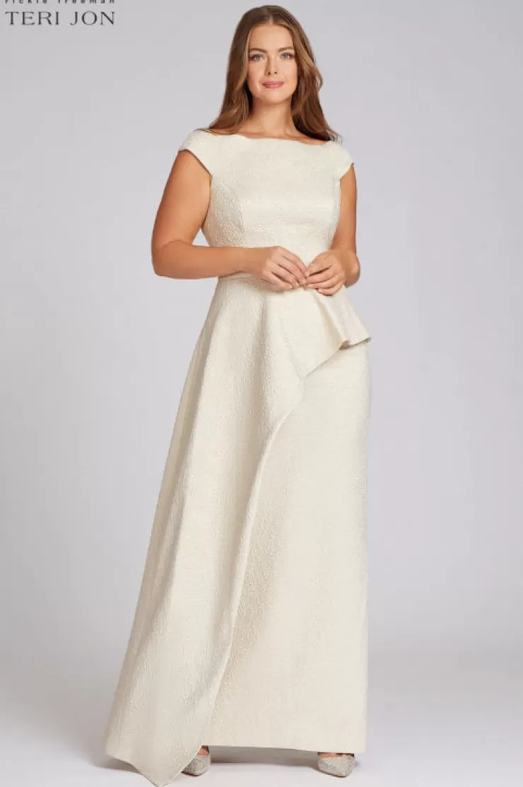 Teri Jon Jacquard Off The Shoulder Side Drape Overlay Gown