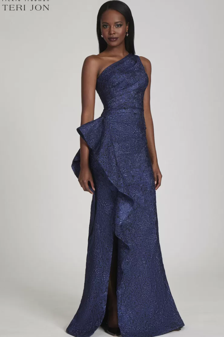 Teri Jon Jacquard One Shoulder Side Ruffle Gown