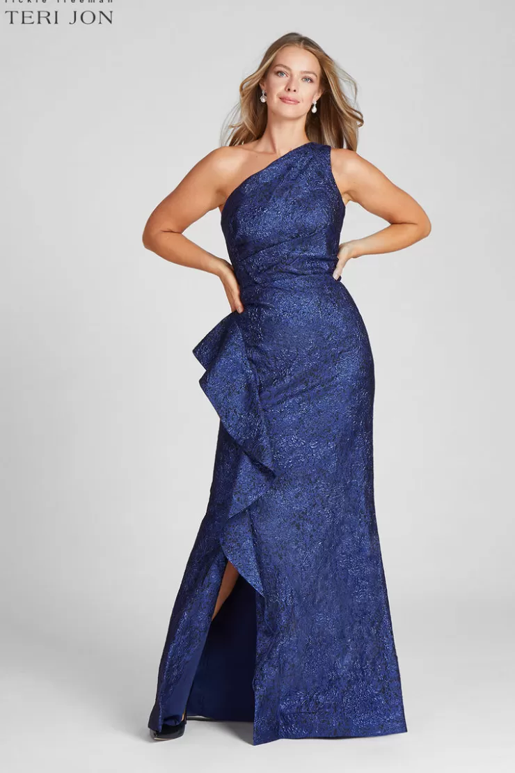 Teri Jon Jacquard One Shoulder Side Ruffle Gown