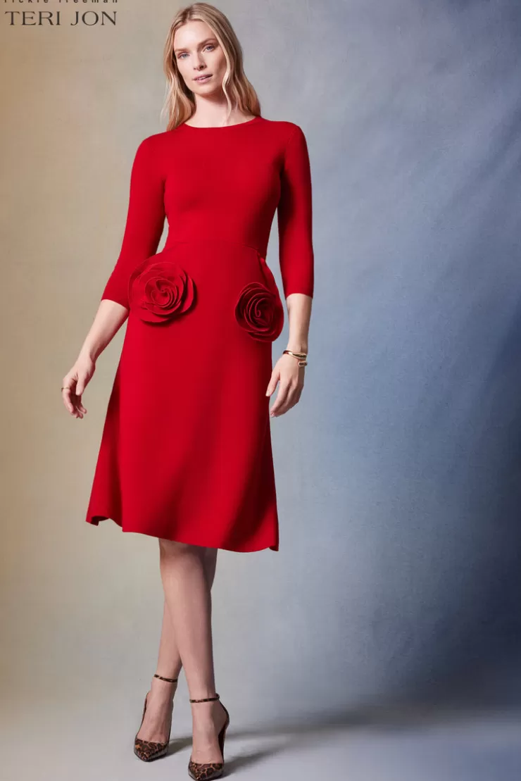 Teri Jon Knitted Merino Wool Dress With Rosette Detail