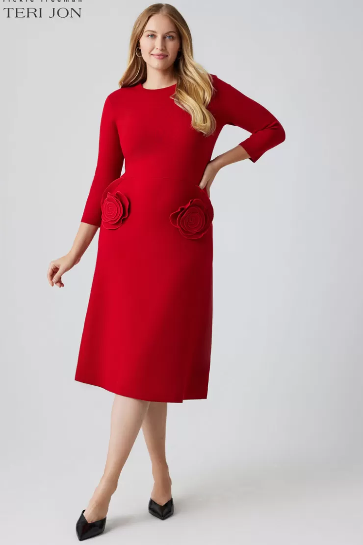 Teri Jon Knitted Merino Wool Dress With Rosette Detail