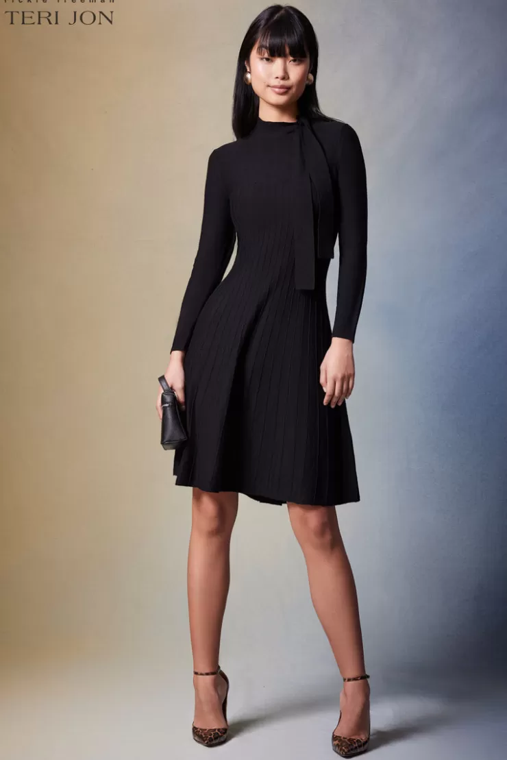 Teri Jon Knitted Merino Wool Dress With Tie Neck Detail