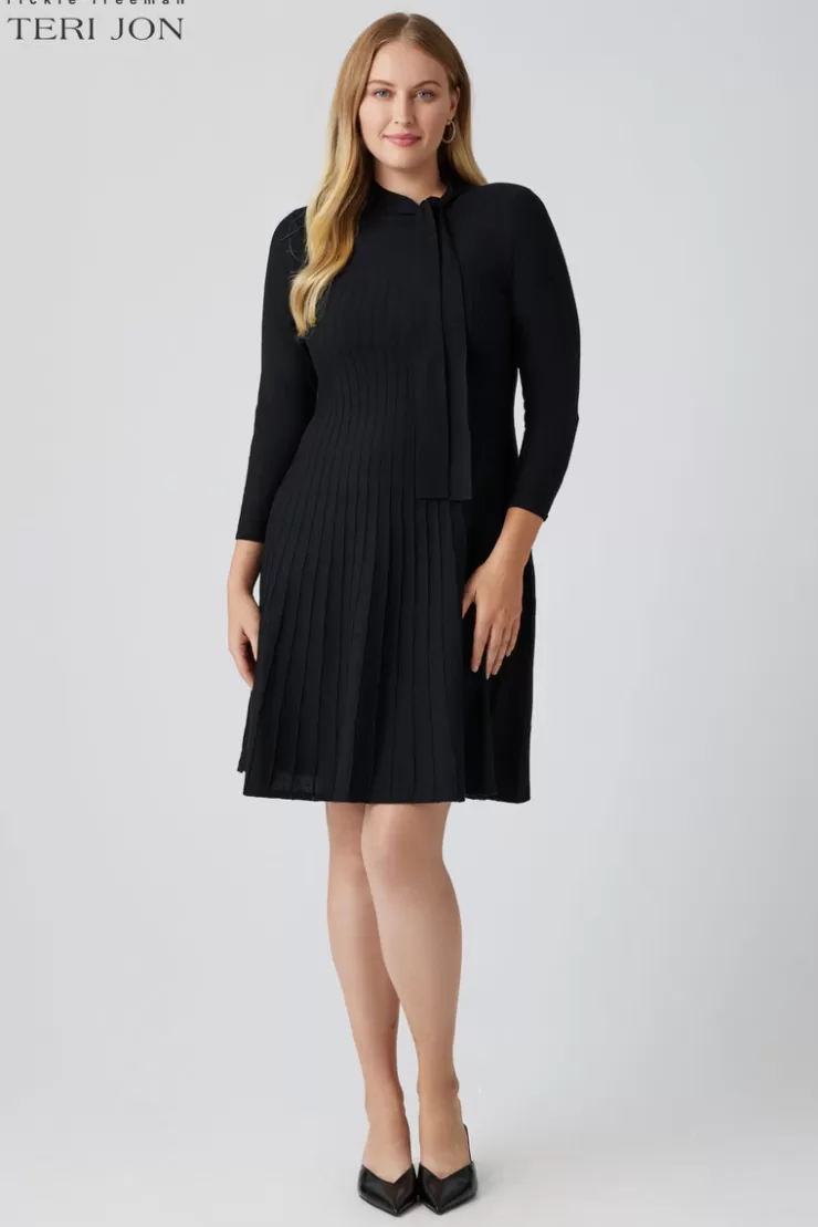 Teri Jon Knitted Merino Wool Dress With Tie Neck Detail