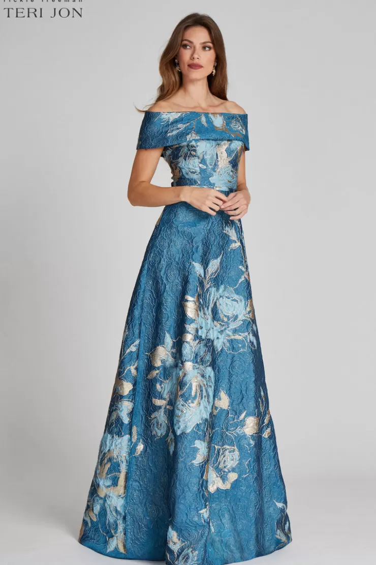 Teri Jon Large Floral Pattern Jacquard Off the Shoulder Gown