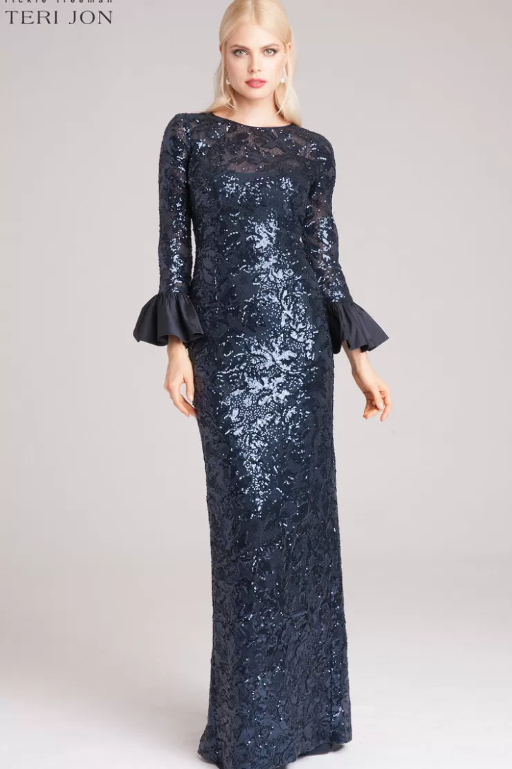 Teri Jon Long Bell Sleeve Sequin Sheath Gown