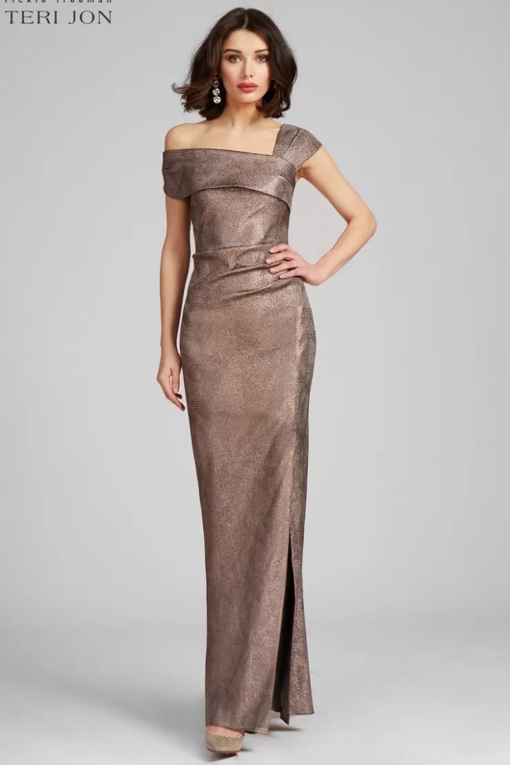 Teri Jon Metallic Jacquard Asymmetrical Shoulder Gown