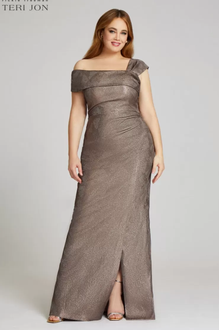 Teri Jon Metallic Jacquard Asymmetrical Shoulder Gown