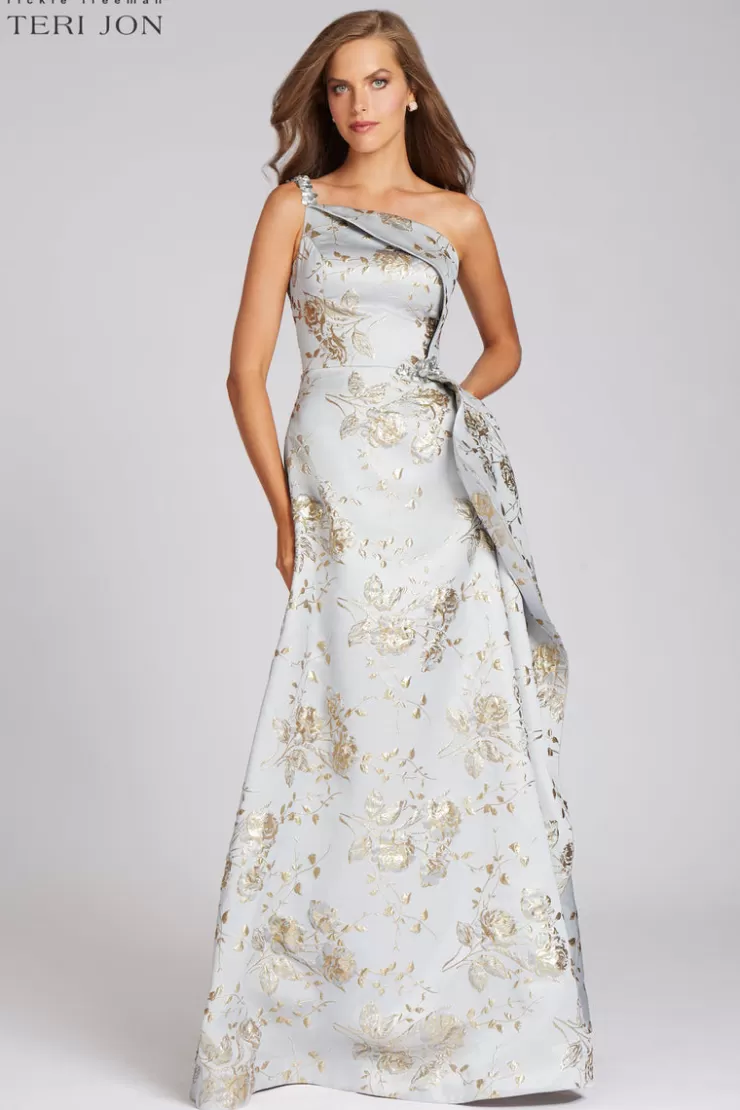 Teri Jon Metallic Jacquard Beaded Gown