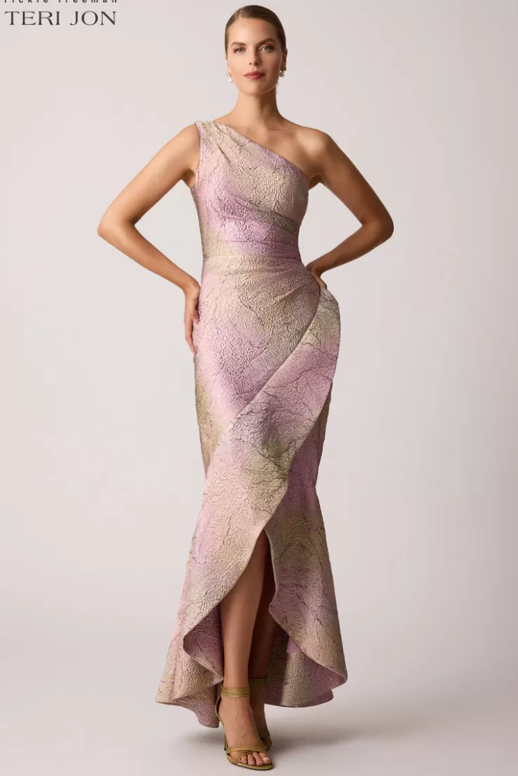 Teri Jon Metallic Jacquard Leaf Pattern Gown