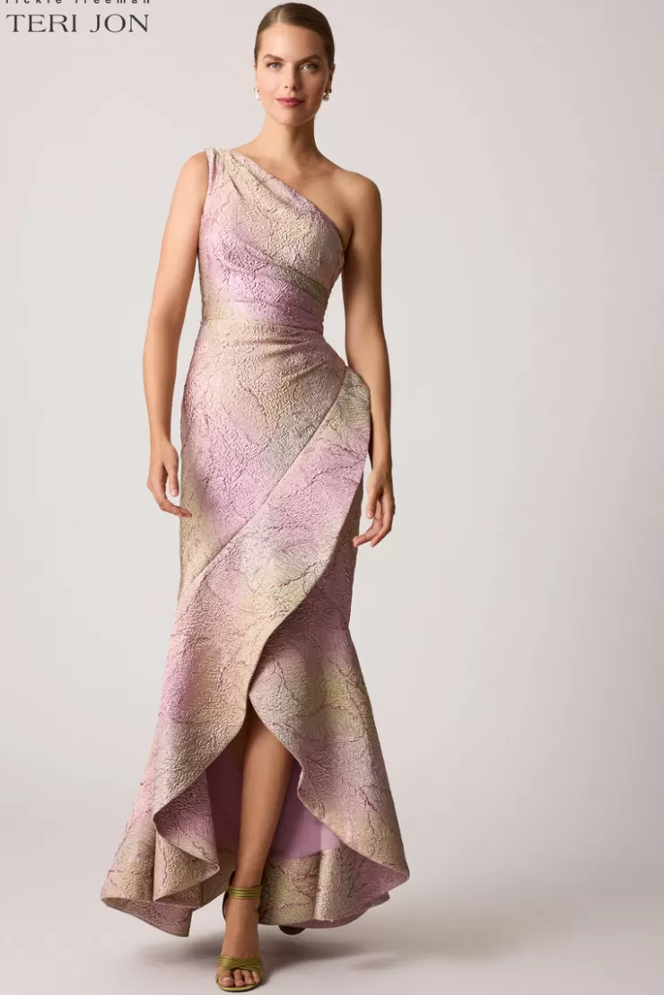 Teri Jon Metallic Jacquard Leaf Pattern Gown