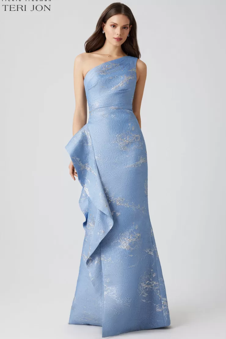 Teri Jon Metallic Jacquard One Shoulder Side Ruffle Gown