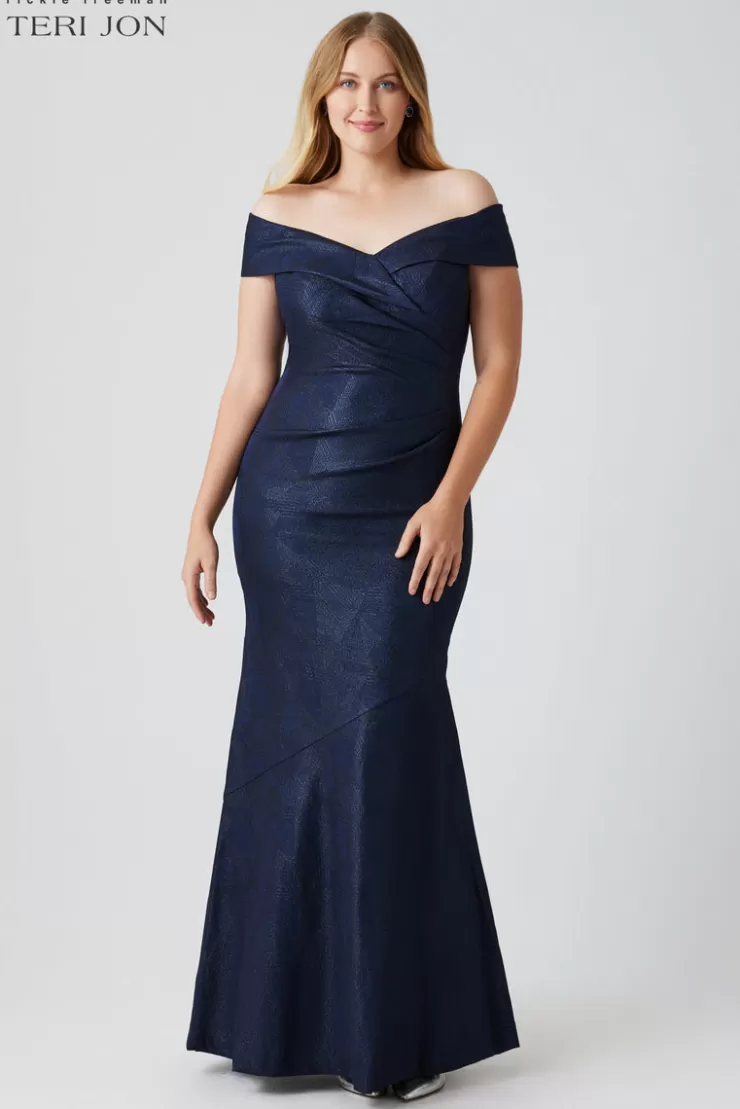 Teri Jon Metallic Jacquard Portrait Off Shoulder Gown