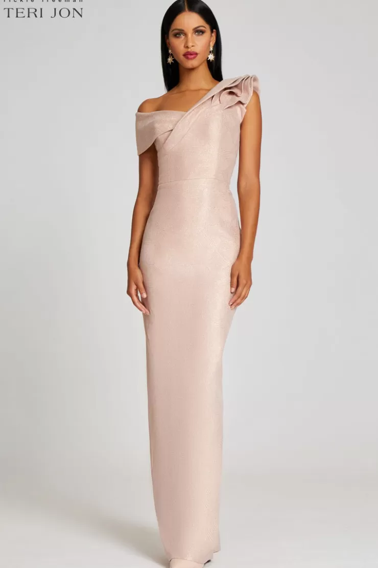 Teri Jon Metallic Jacquard Ruffle Gown