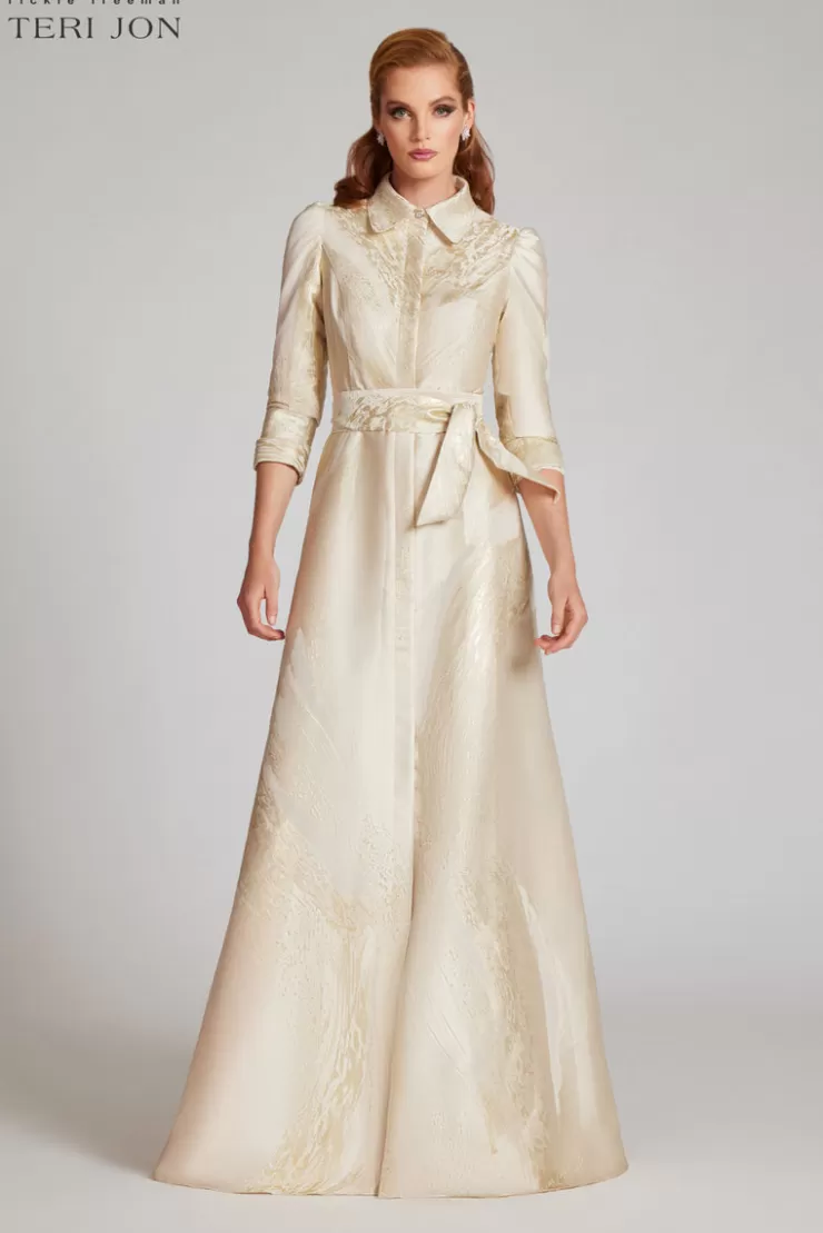 Teri Jon Metallic Jacquard Shirtdress Gown